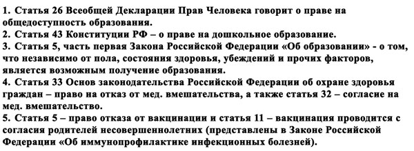 Список статей, относящихся к праву отказываться от прививок и посещать детский сад